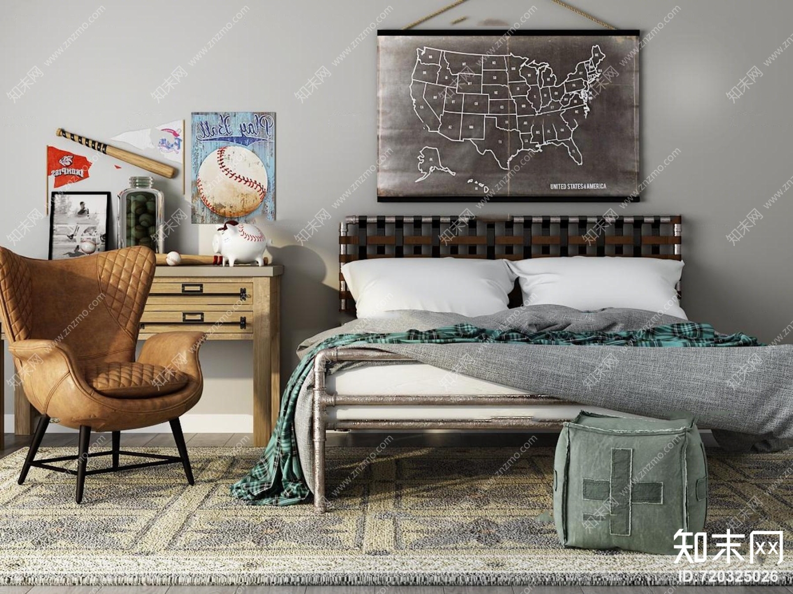 工业风铁艺双人床书桌休闲椅组合3D模型下载【ID:720325026】