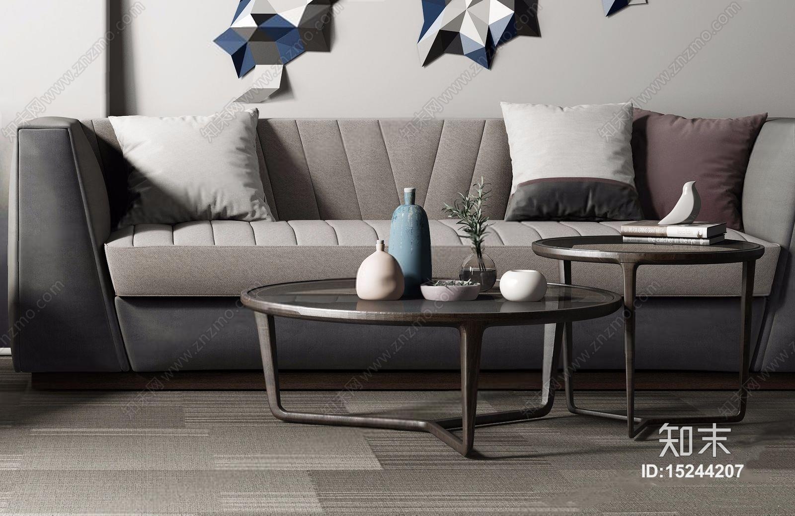 现代沙发组合 现代多人沙发 圆茶几 墙饰 现代单椅 现代落地灯