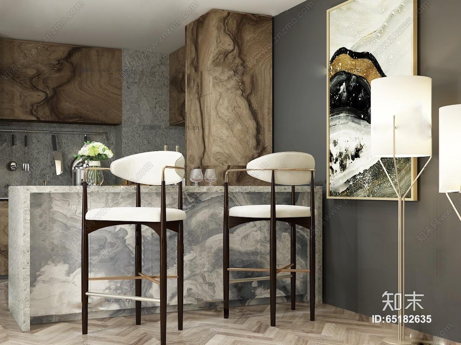 后现代吧台椅吧台组合3D模型下载【ID:65182635】
