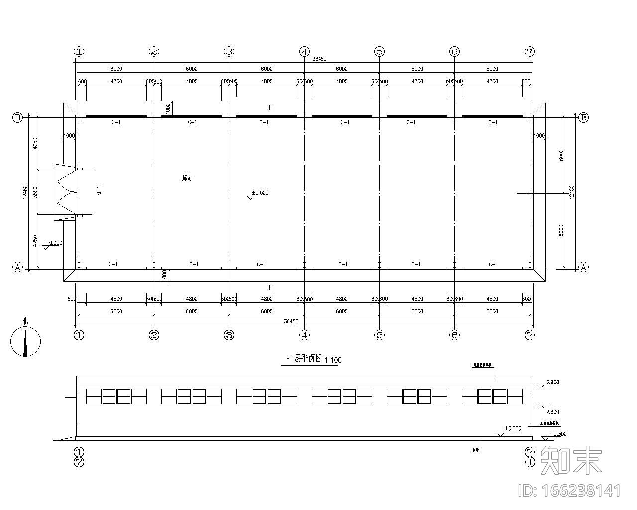 某小型单跨钢结构仓库施工图（CAD含建筑）施工图下载【ID:166238141】