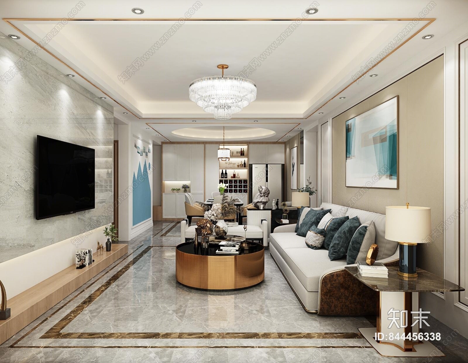 现代轻奢客餐厅沙发餐桌黑板墙挂画窗帘灯具3D模型下载【ID:844456338】