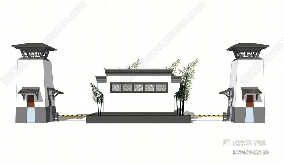 新中式大门入口SU模型下载【ID:946620129】