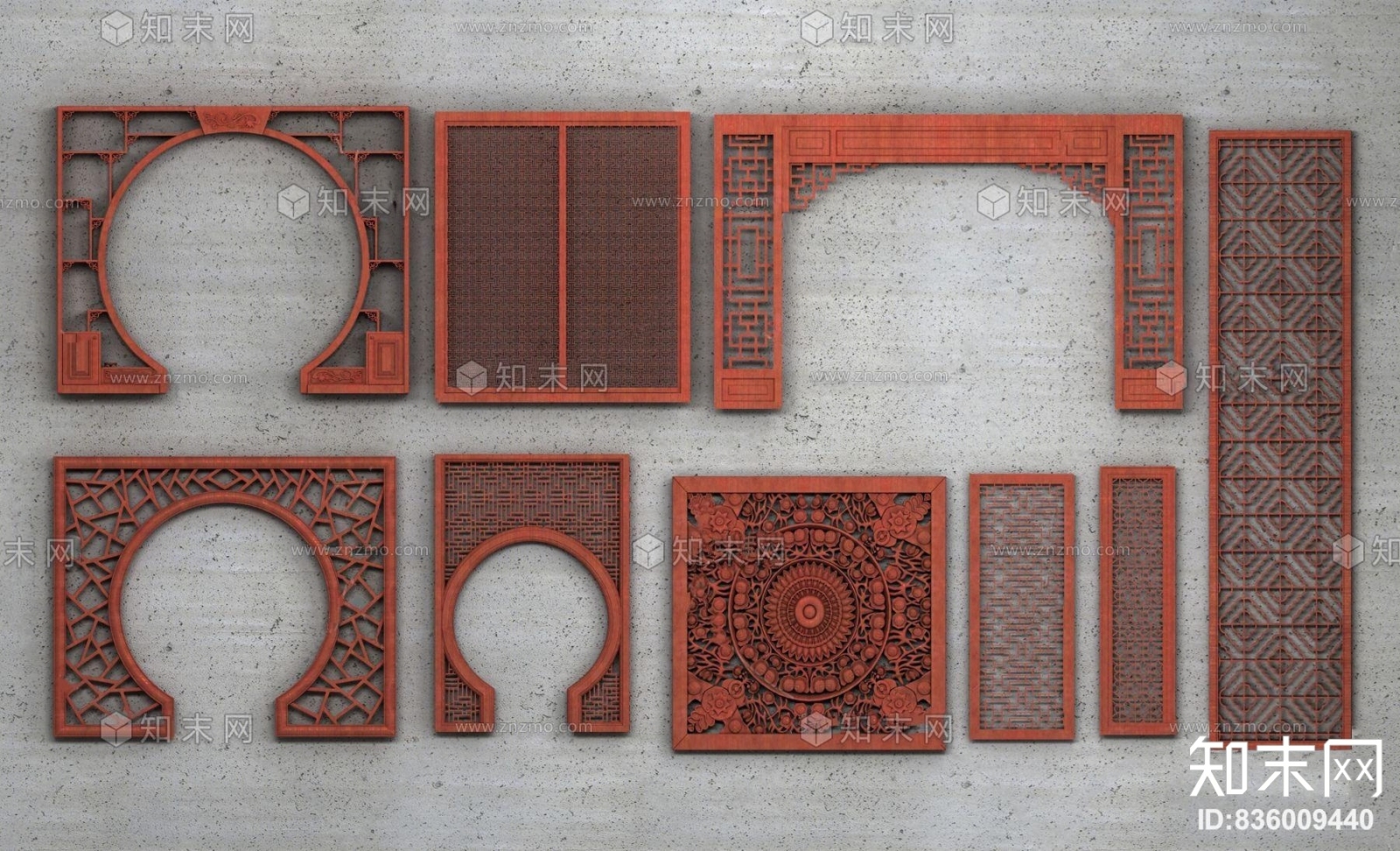 中式木雕花格窗花屏风断段拱门3D模型下载【ID:836009440】