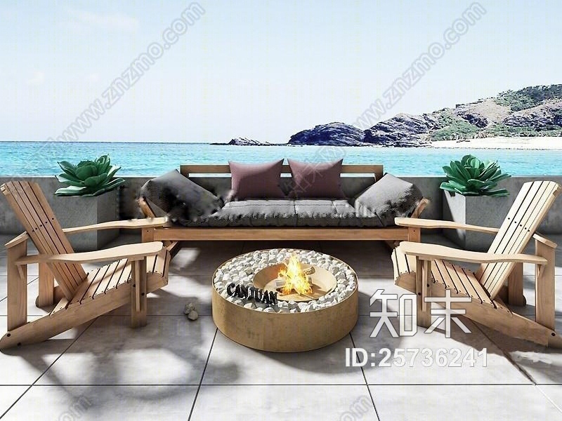 现代实木户外沙发单椅火盆绿植组合3D模型下载【ID:25736241】