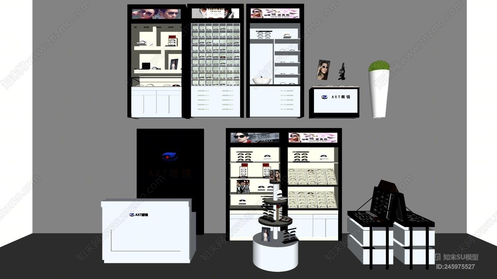 现代眼镜店眼镜展架组合SU模型下载【ID:245975527】