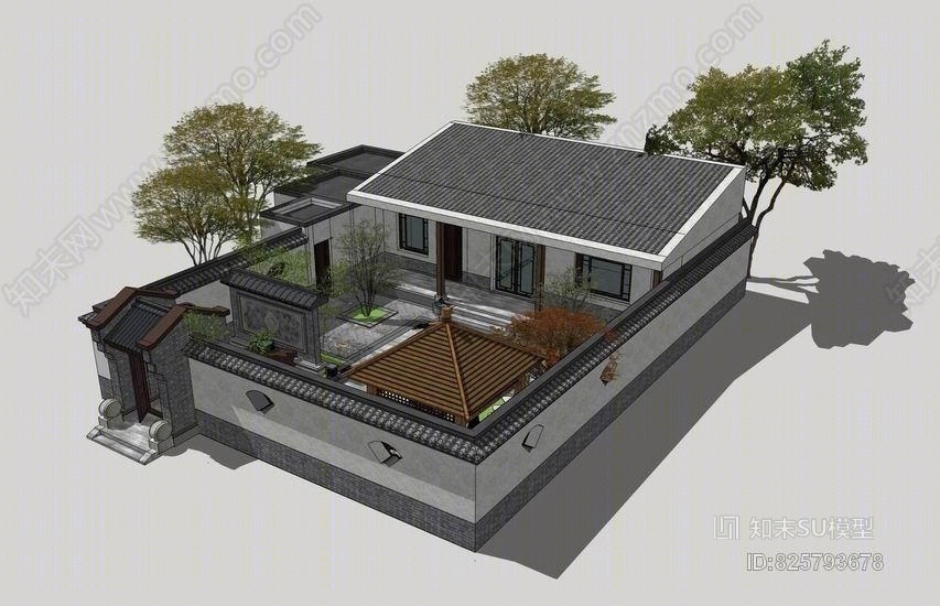 中式仿古四合院SU模型下载【ID:825793678】