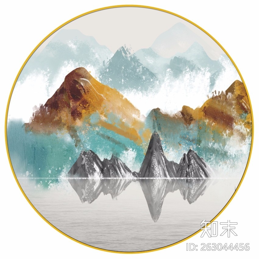圆形新中式禅意水墨山水画贴图下载【ID:263044456】