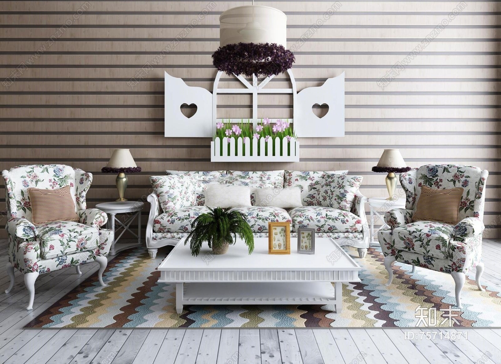 欧式沙发茶几吊灯墙饰组合下载3D模型下载【ID:75714871】