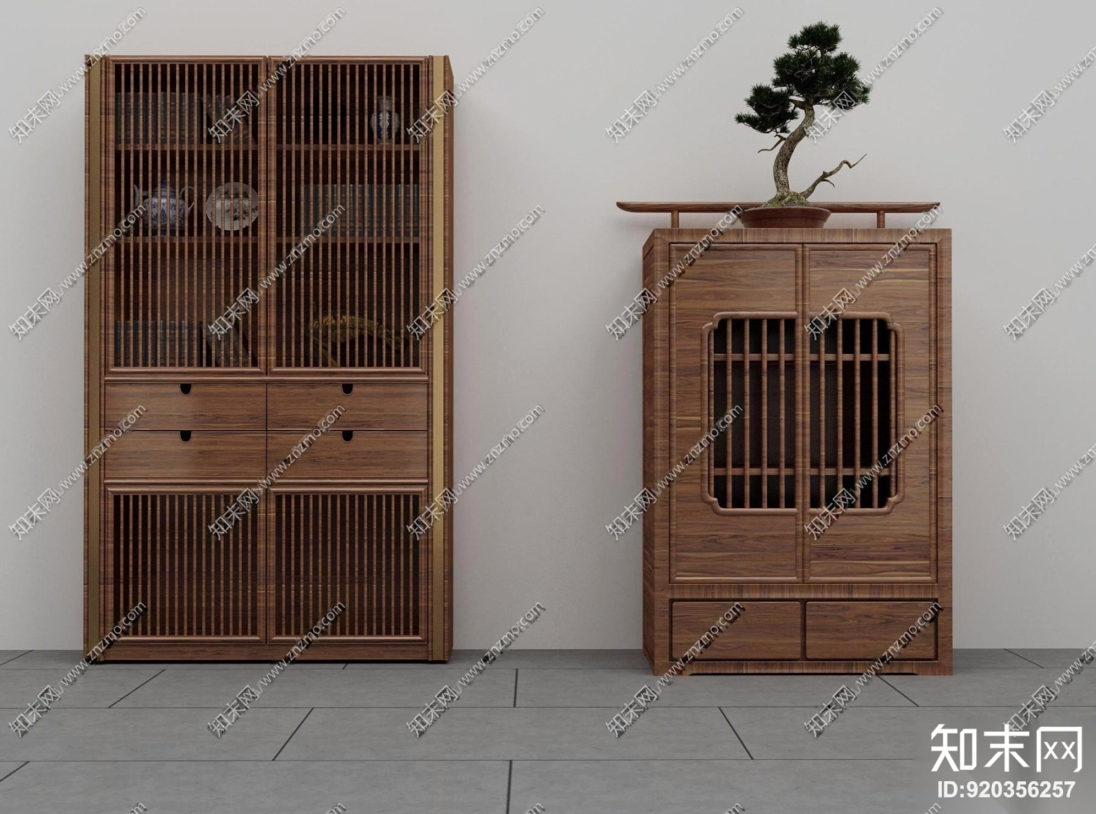 中式实木装饰柜盆栽组合3D模型下载【ID:920356257】