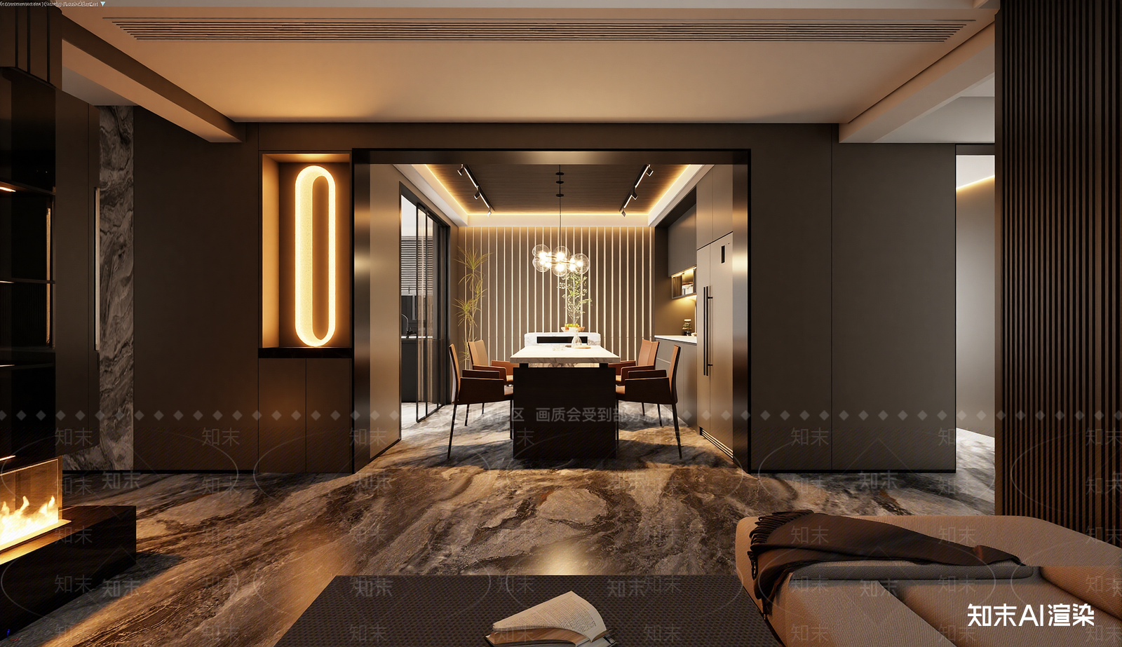 现代客餐厅3D模型渲染效果图