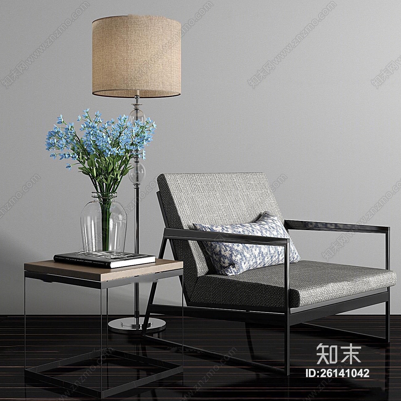 现代休闲椅落地灯角几饰品组合3D模型下载【ID:26141042】