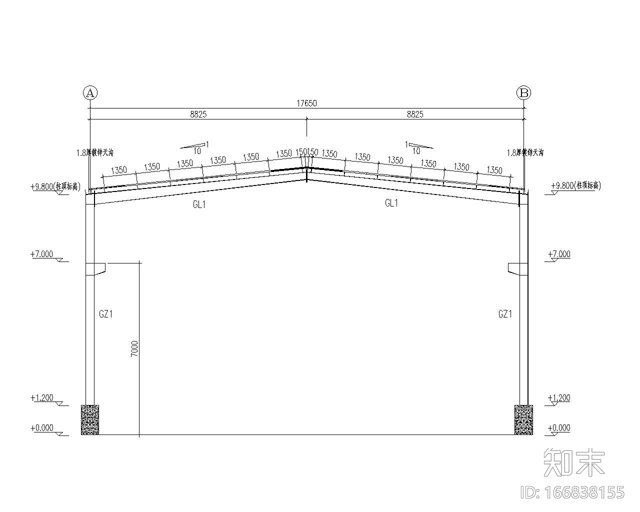 单跨含吊车梁厂房结构施工图（CAD）cad施工图下载【ID:166838155】