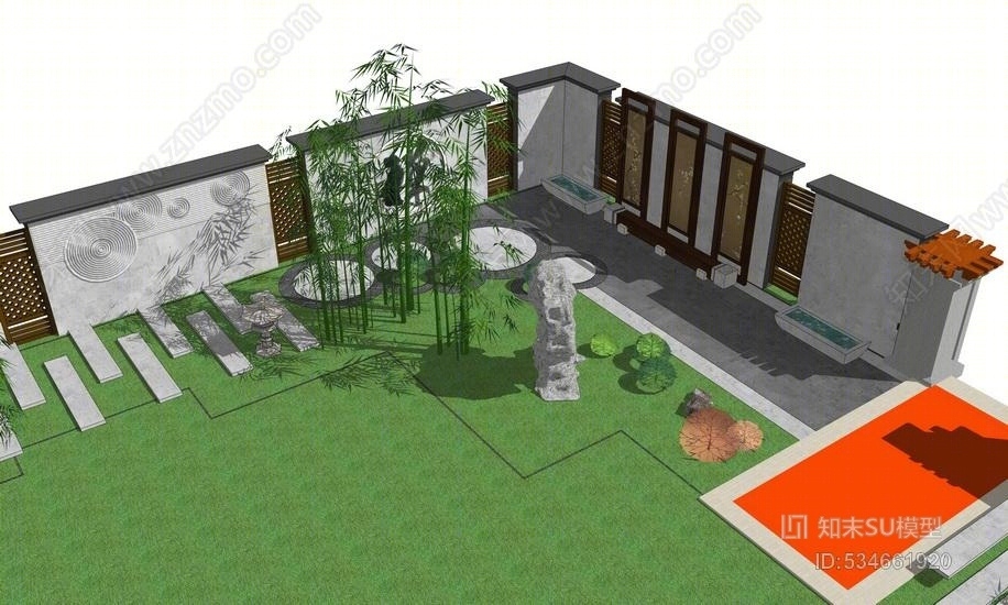 中式庭院景观SU模型下载【ID:534661920】