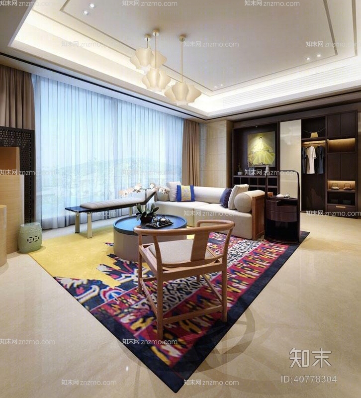 新中式木艺椅子茶几组合3D模型下载【ID:40778304】