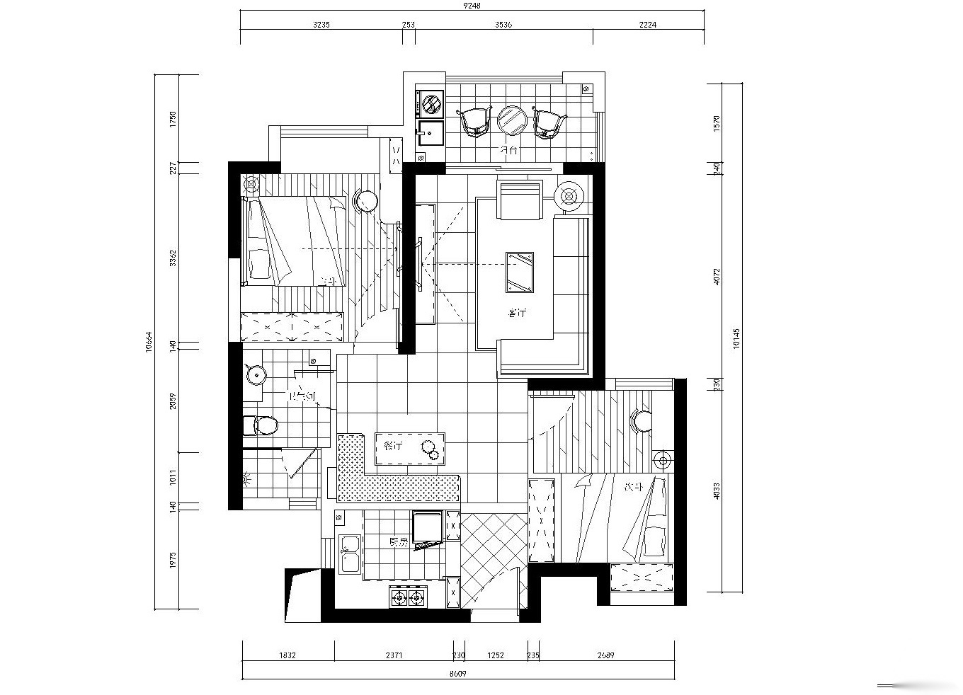 现代风格两居室住宅装修全套施工图+效果图施工图下载【ID:160386155】