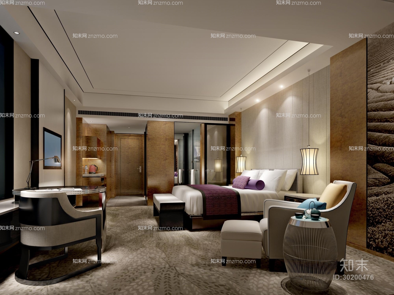 禅意中式白色书桌椅组合3D模型下载【ID:30200476】