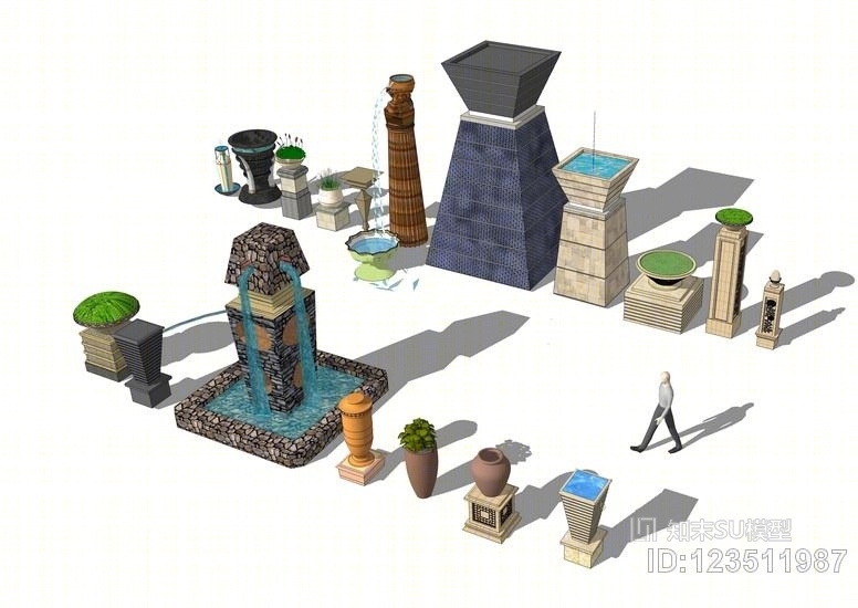 东南风格花钵水钵组合SU模型下载【ID:123511987】