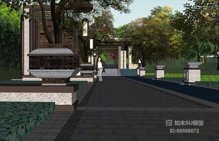 中式别墅庭院景观SU模型下载【ID:66666672】