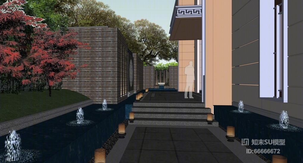 中式别墅庭院景观SU模型下载【ID:66666672】