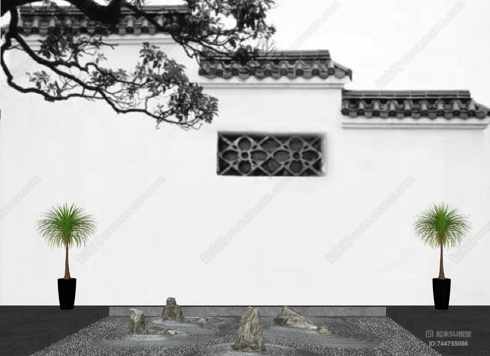新中式石头盆栽SU模型下载【ID:744755086】