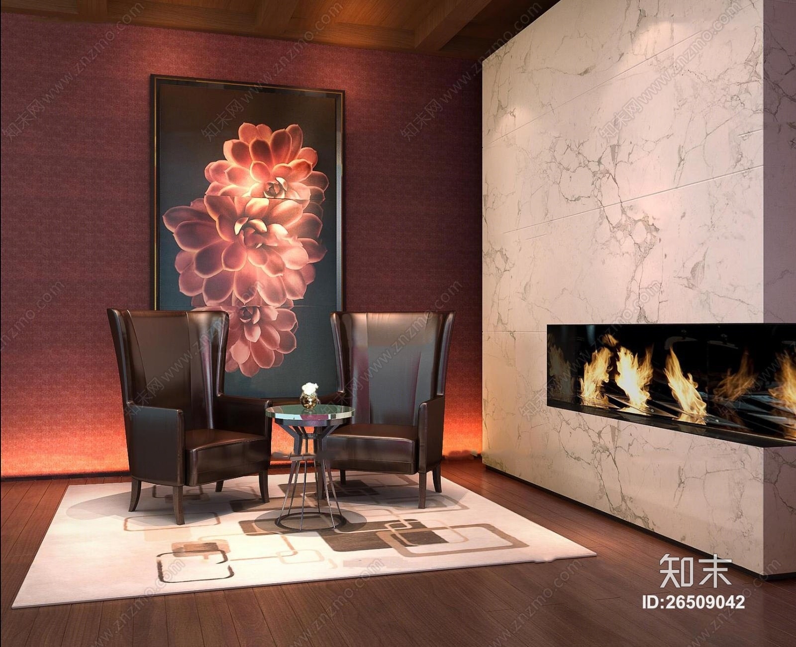 现代皮革休闲椅装饰画壁炉组合3D模型下载【ID:26509042】