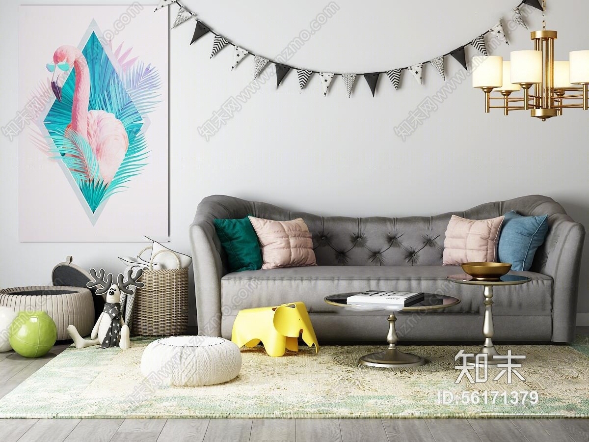 现代儿童玩具沙发藤编框组合3D模型下载【ID:56171379】