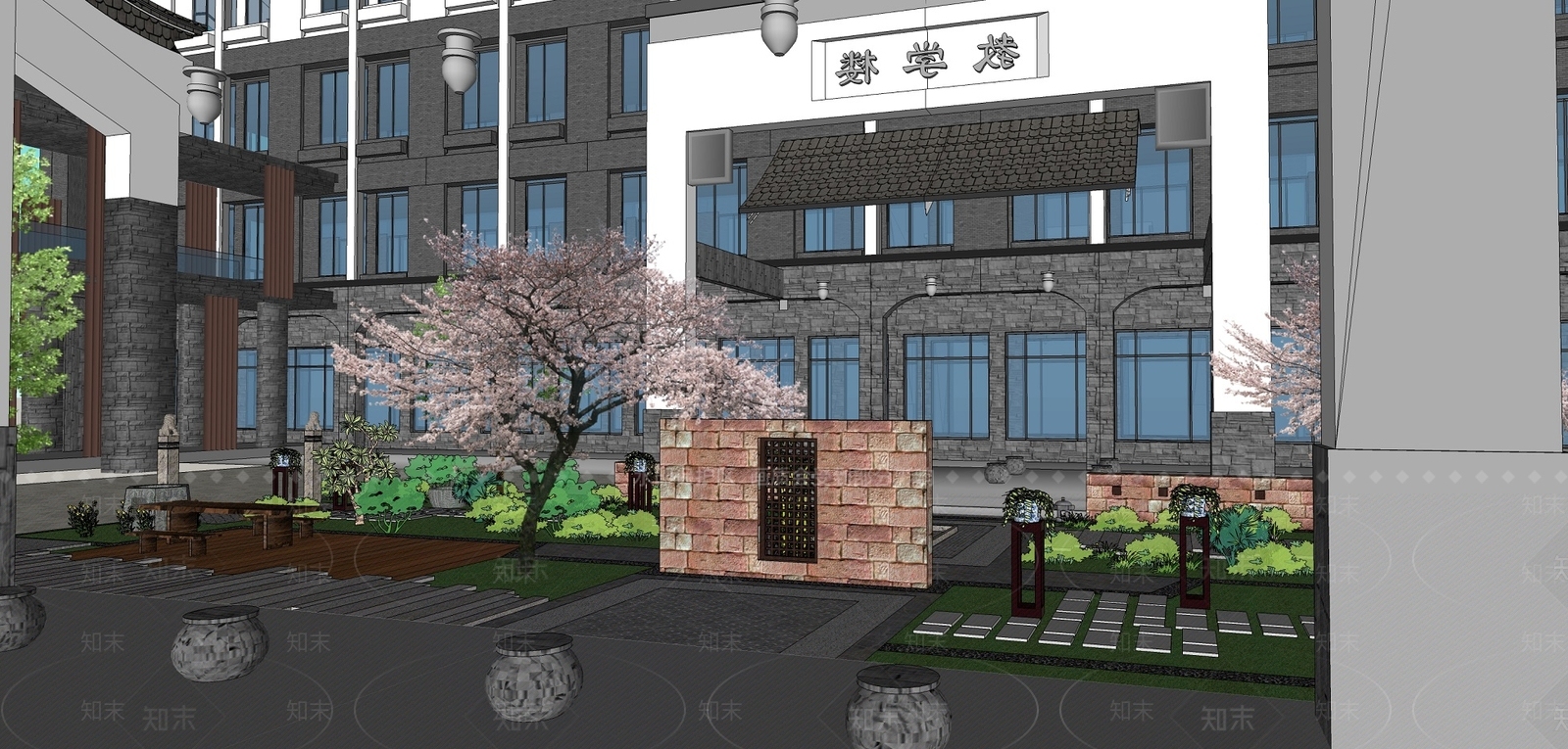 中式建筑中庭景观设计SU模型下载【ID:175281192】