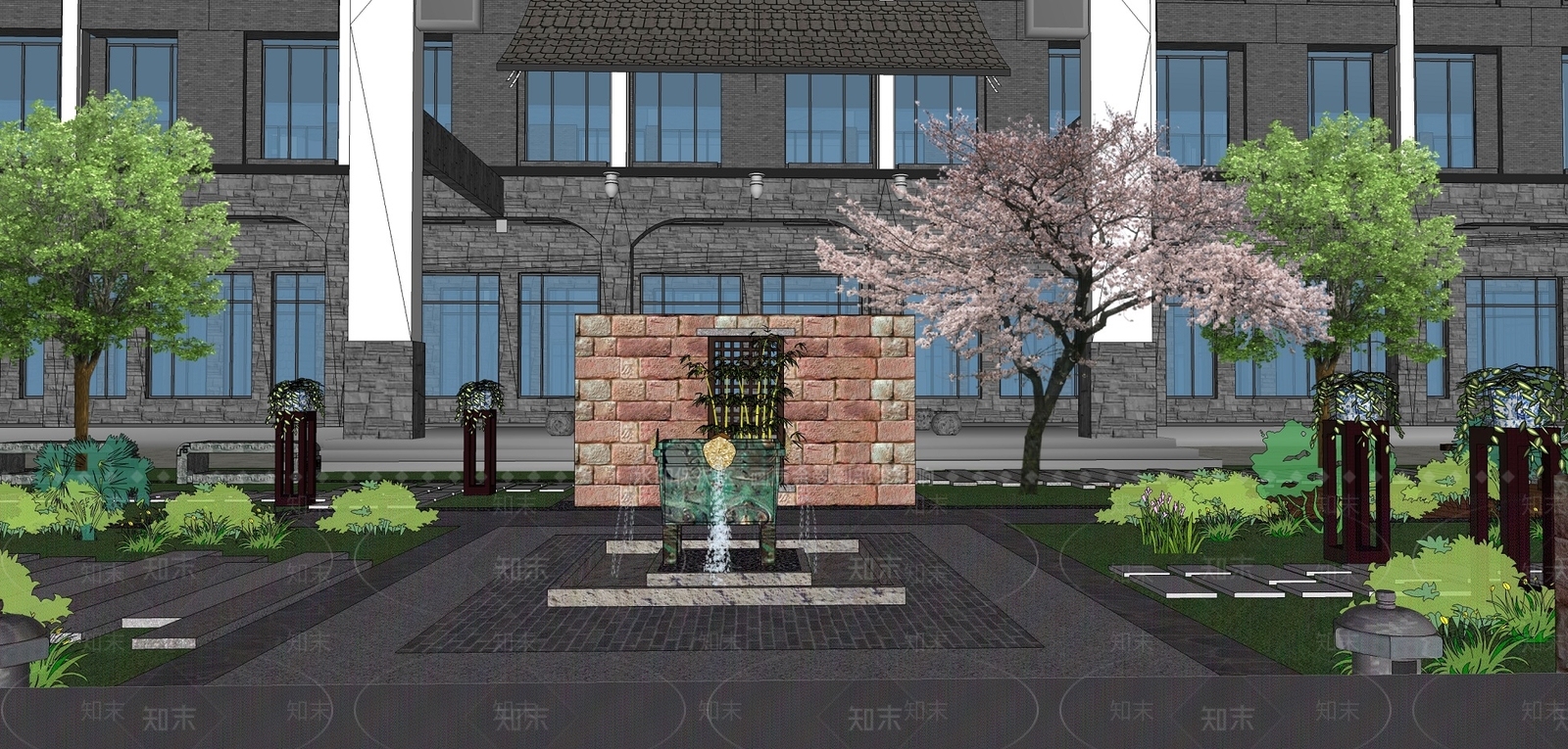 中式建筑中庭景观设计SU模型下载【ID:175281192】