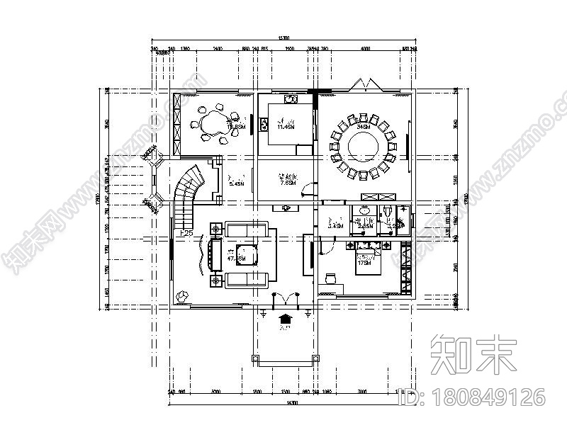 中式风格别墅设计全套CAD施工图（含效果图）cad施工图下载【ID:180849126】