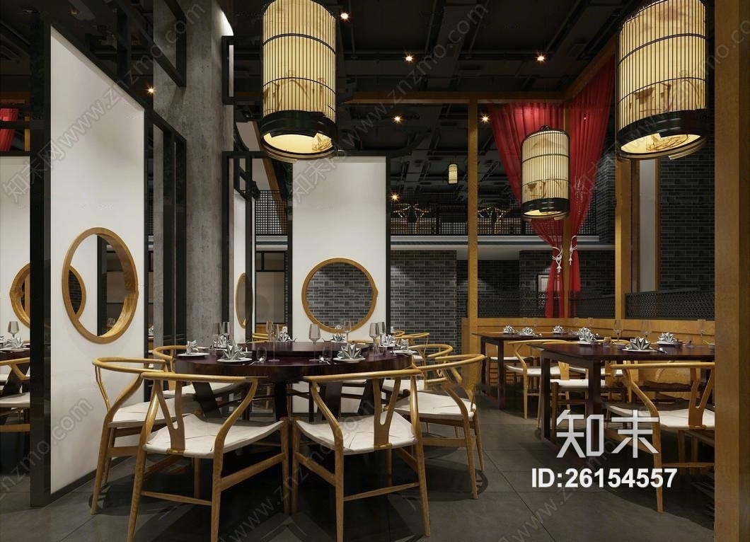 中式餐厅圆形餐桌椅吊灯组合3D模型下载【ID:26154557】