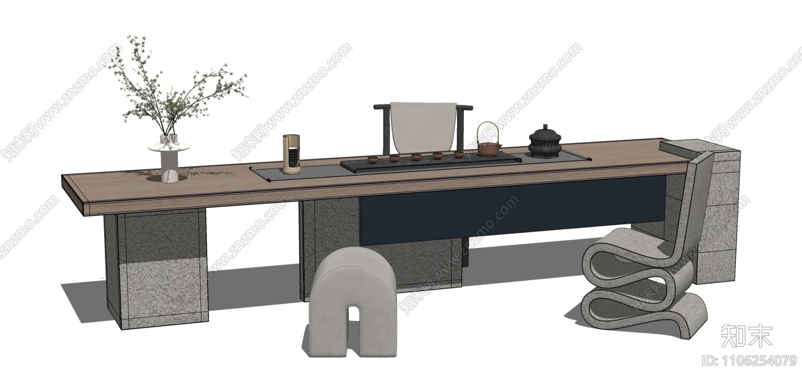 侘寂茶桌椅SU模型下载【ID:1106254079】