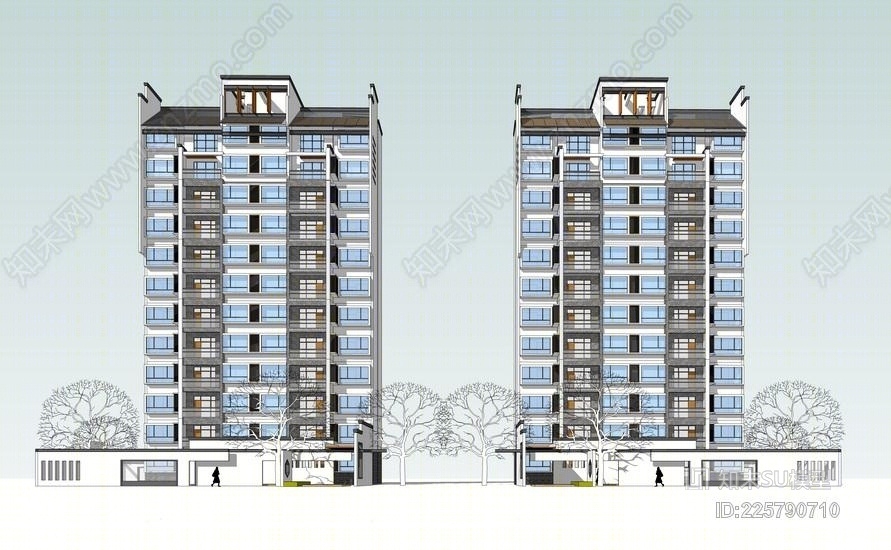中式高层住宅SU模型下载【ID:225790710】