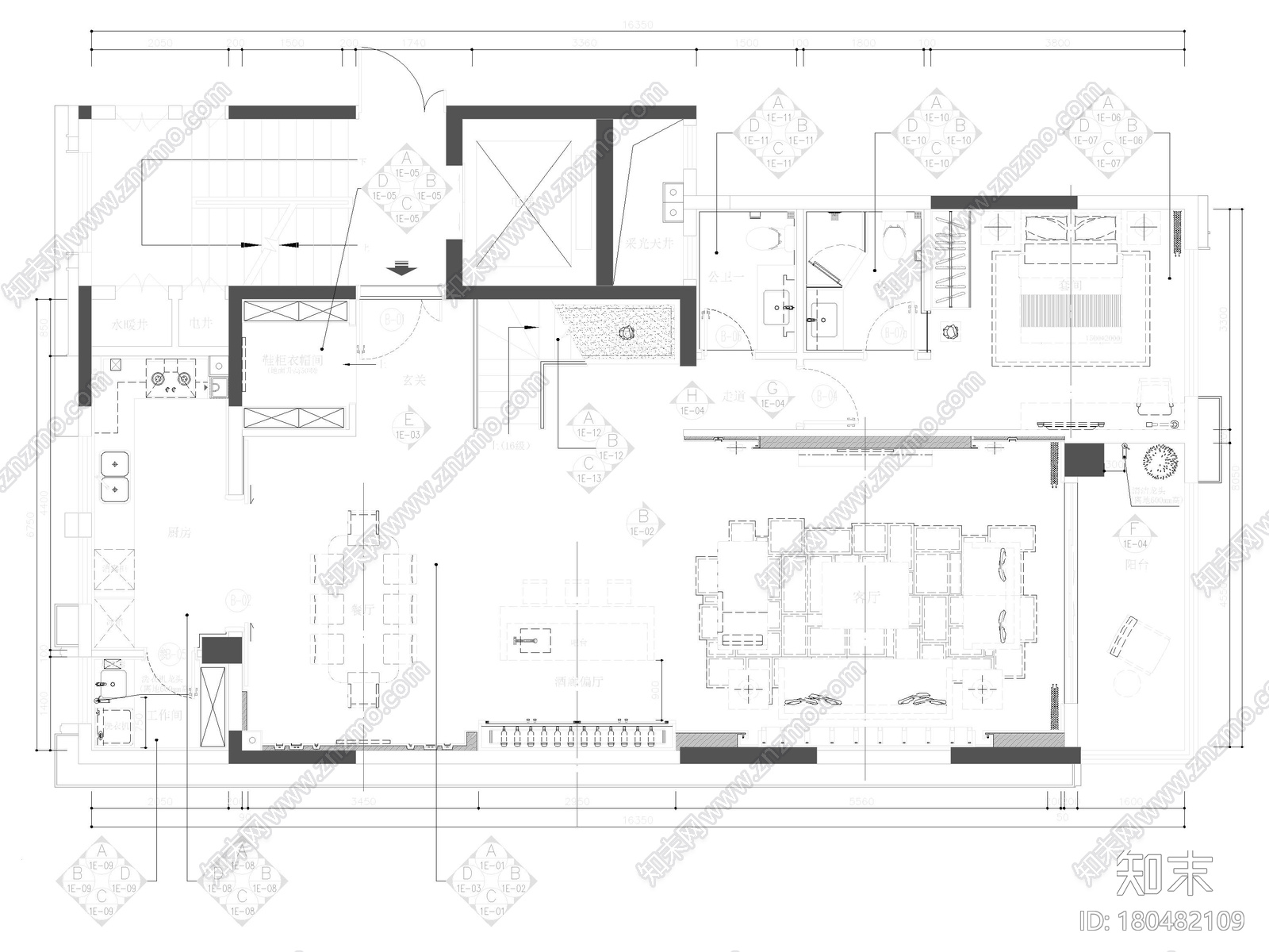 [郑州]288㎡四居上叠复式户型样板房施工图cad施工图下载【ID:180482109】