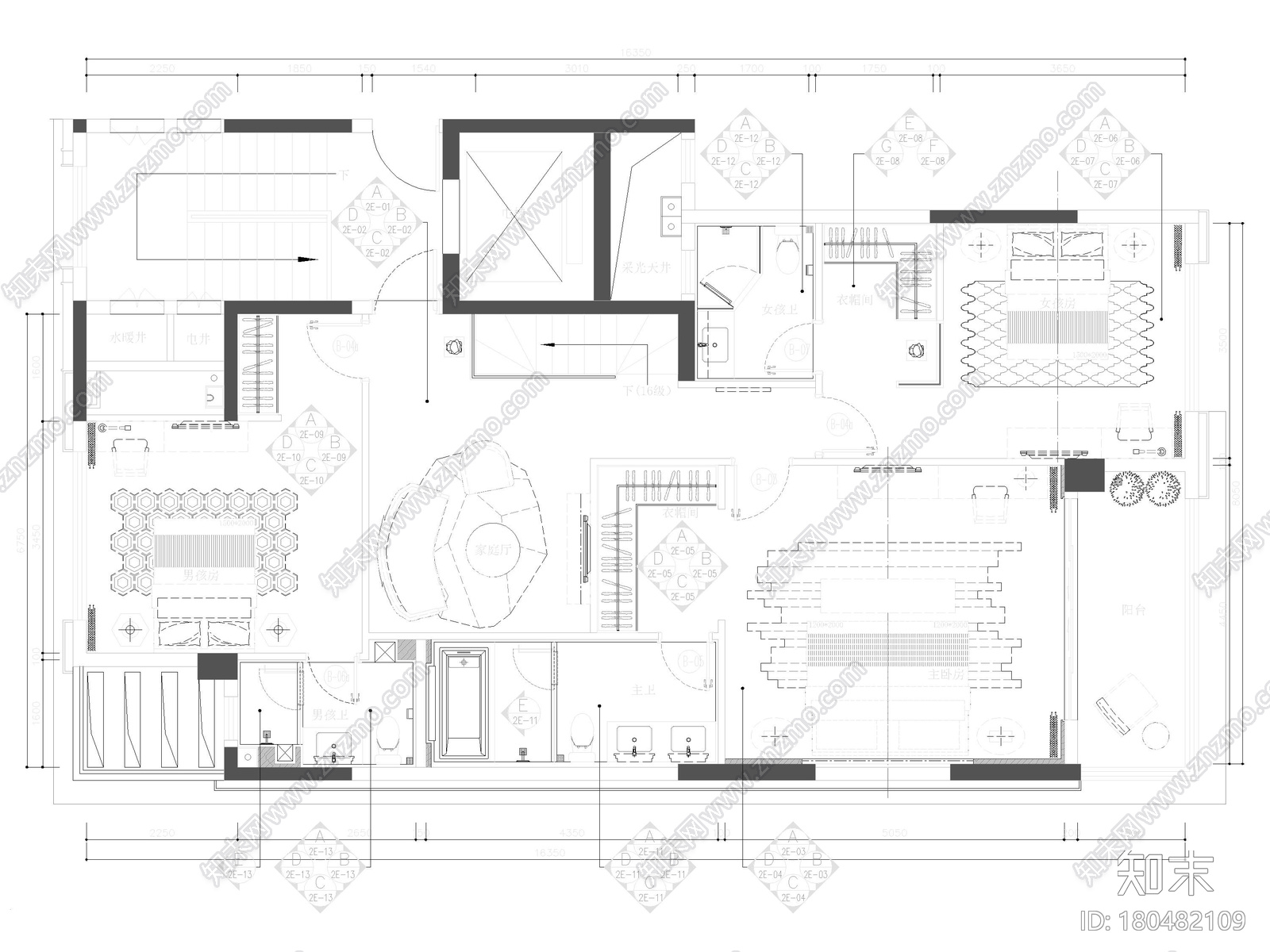 [郑州]288㎡四居上叠复式户型样板房施工图cad施工图下载【ID:180482109】