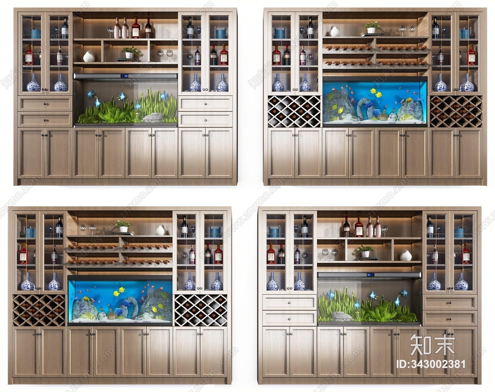 新中式酒柜鱼缸组合3D模型下载【ID:343002381】