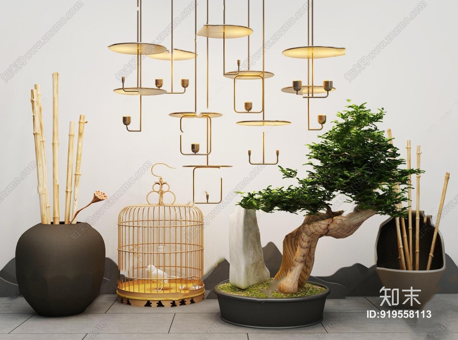 中式盆景鸟笼陶罐摆件吊灯组合3D模型下载【ID:919558113】
