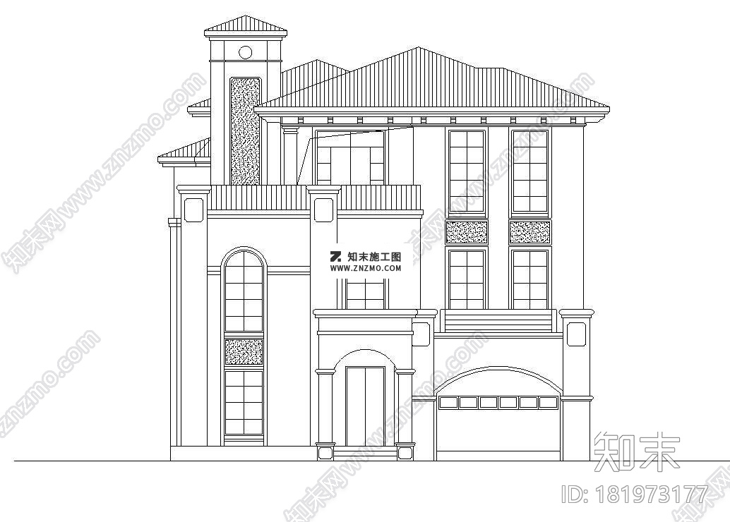 3层独栋欧陆风格别墅建筑施工图cad施工图下载【ID:181973177】