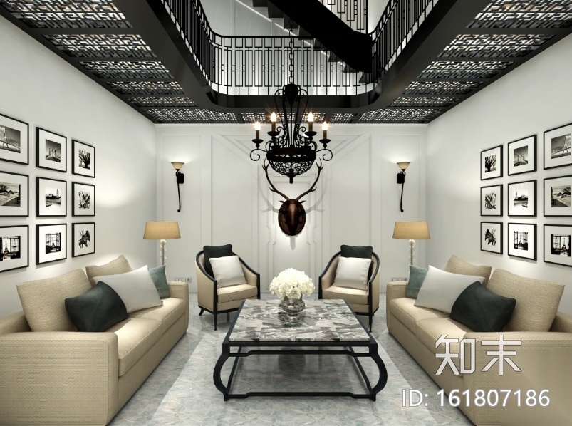 [河北]新古典风格三层别墅样板房施工图(含效果图)cad施工图下载【ID:161807186】