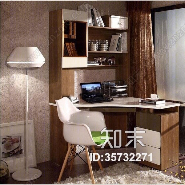 现代书桌椅书柜落地灯组合3D模型下载【ID:35732271】