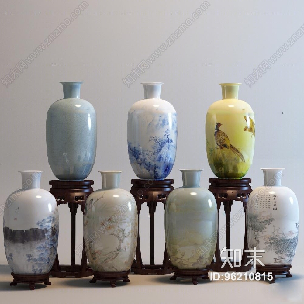 中式陶瓷花瓶组合3D模型下载【ID:96210815】