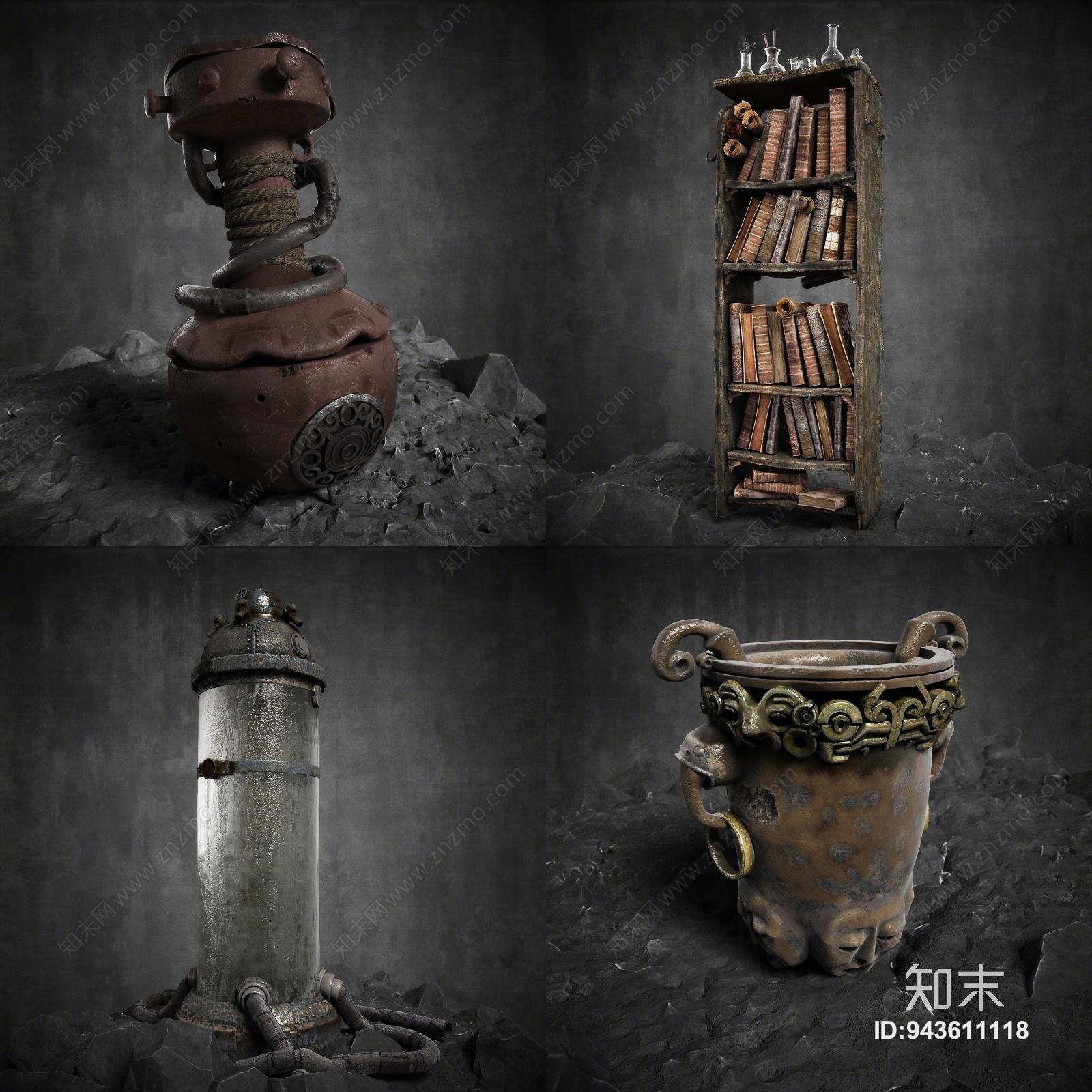 工业风格废墟书柜3D模型下载【ID:943611118】