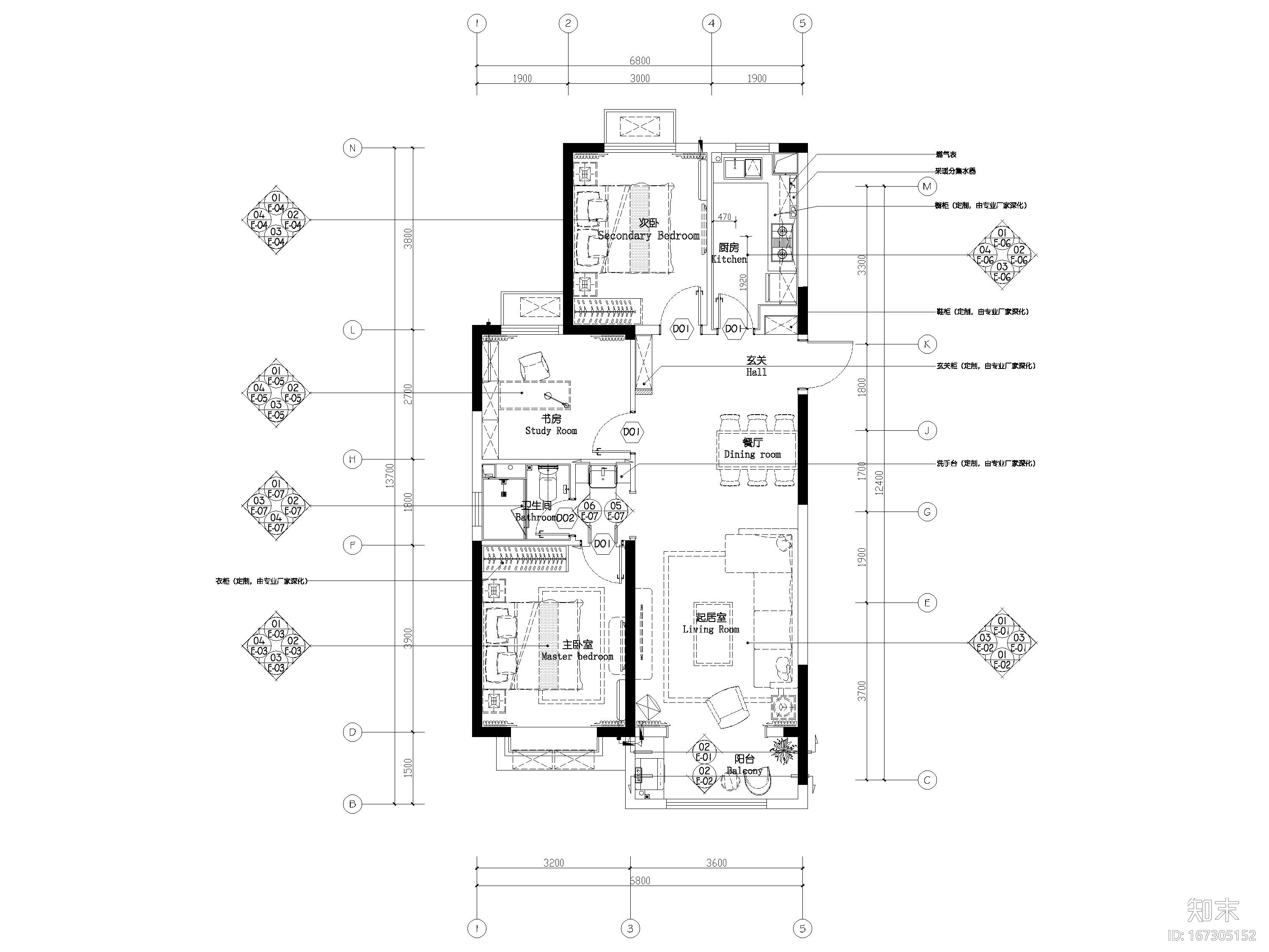 [济南]瑞公馆77㎡现代两居室样板间施工图cad施工图下载【ID:167305152】