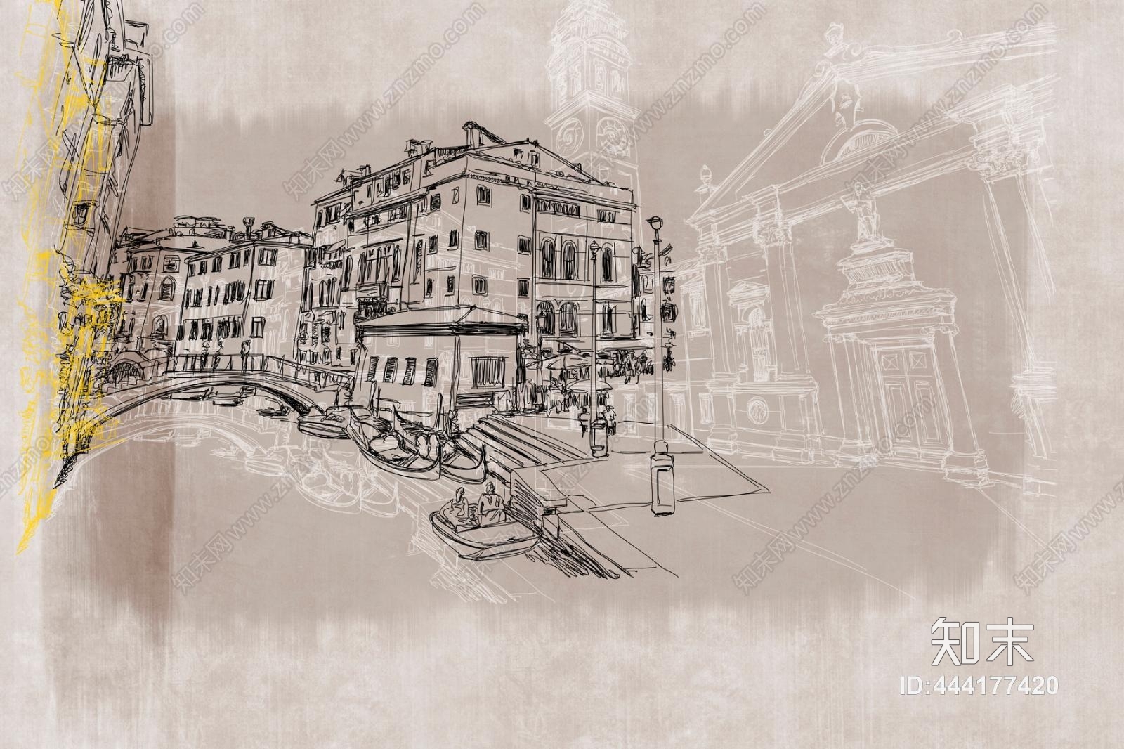 现代简约手绘风建筑装饰壁纸壁画贴图下载【ID:444177420】