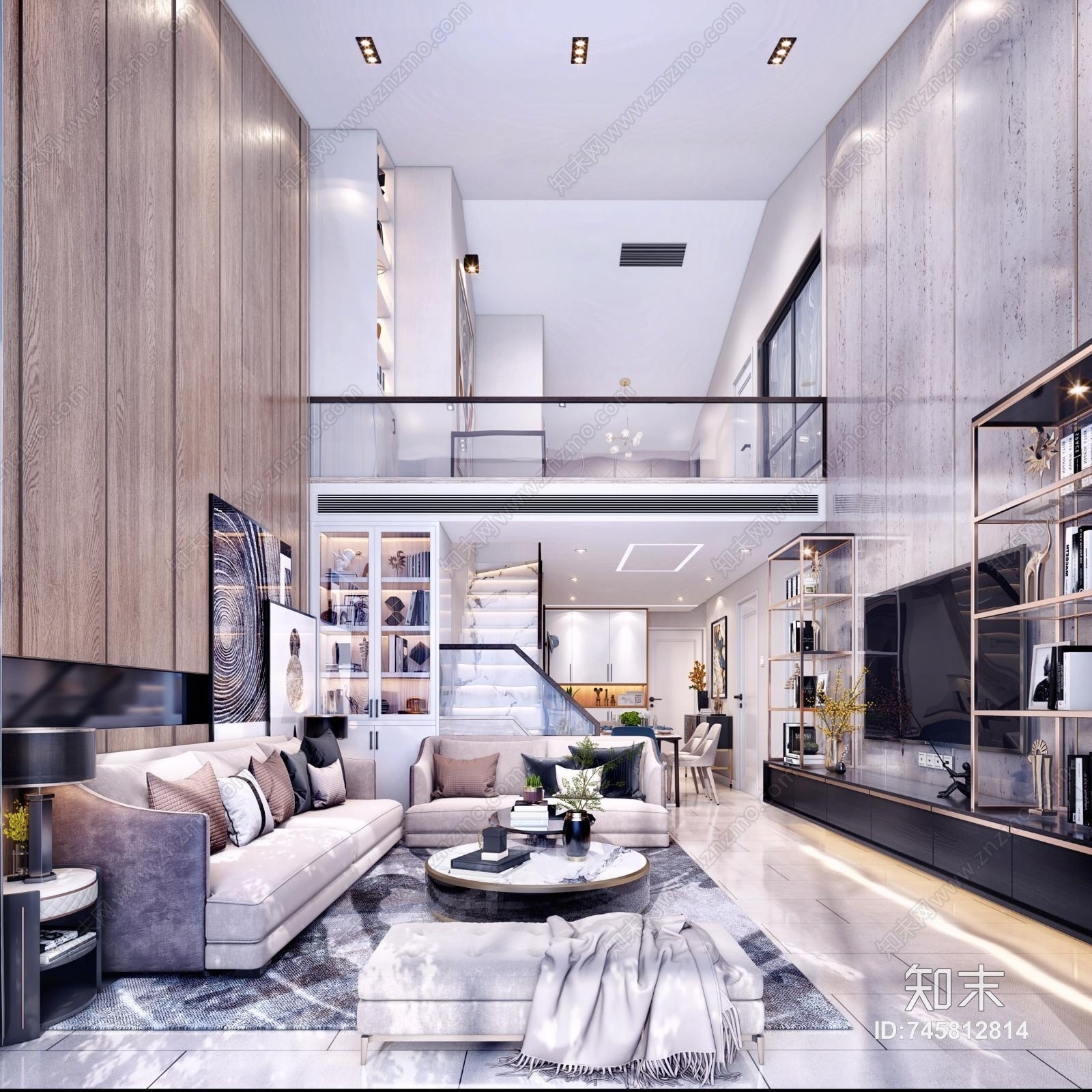 现代别墅客餐厅门厅茶室3D模型下载【ID:745812814】