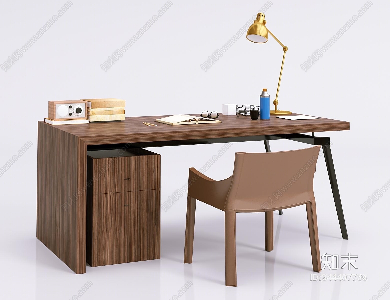 现代实木书桌椅子组合3D模型下载【ID:344407768】