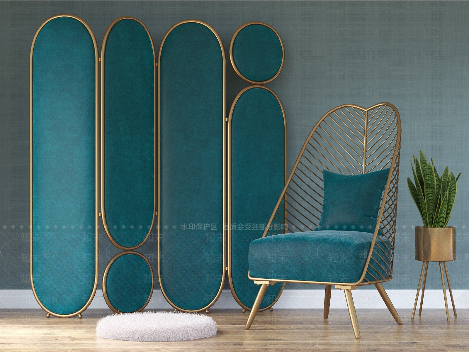 现代轻奢芭蕉叶单人靠背沙发屏风隔断铁艺盆栽3D模型下载【ID:932191682】