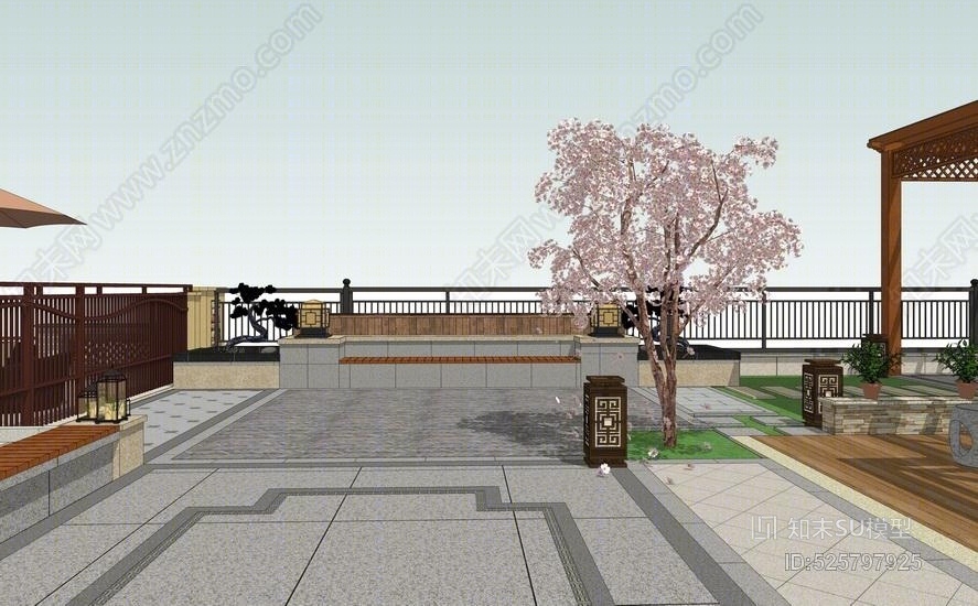 中式庭院景观SU模型下载【ID:525797925】