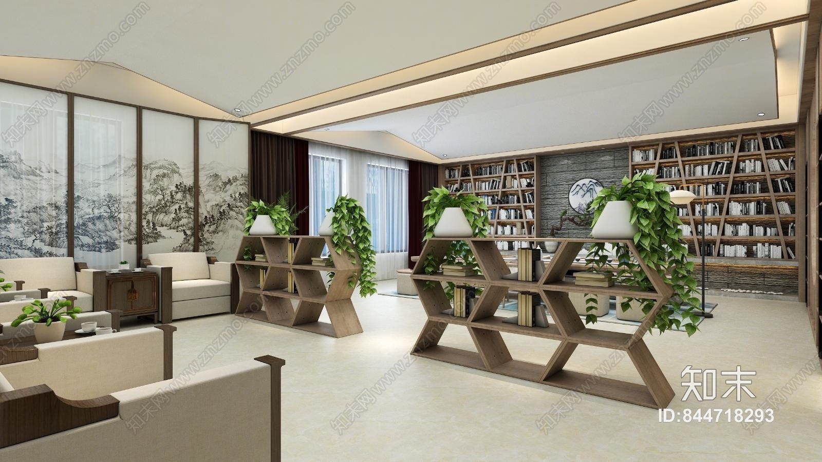 中式慢读书吧休闲区3D模型下载【ID:844718293】
