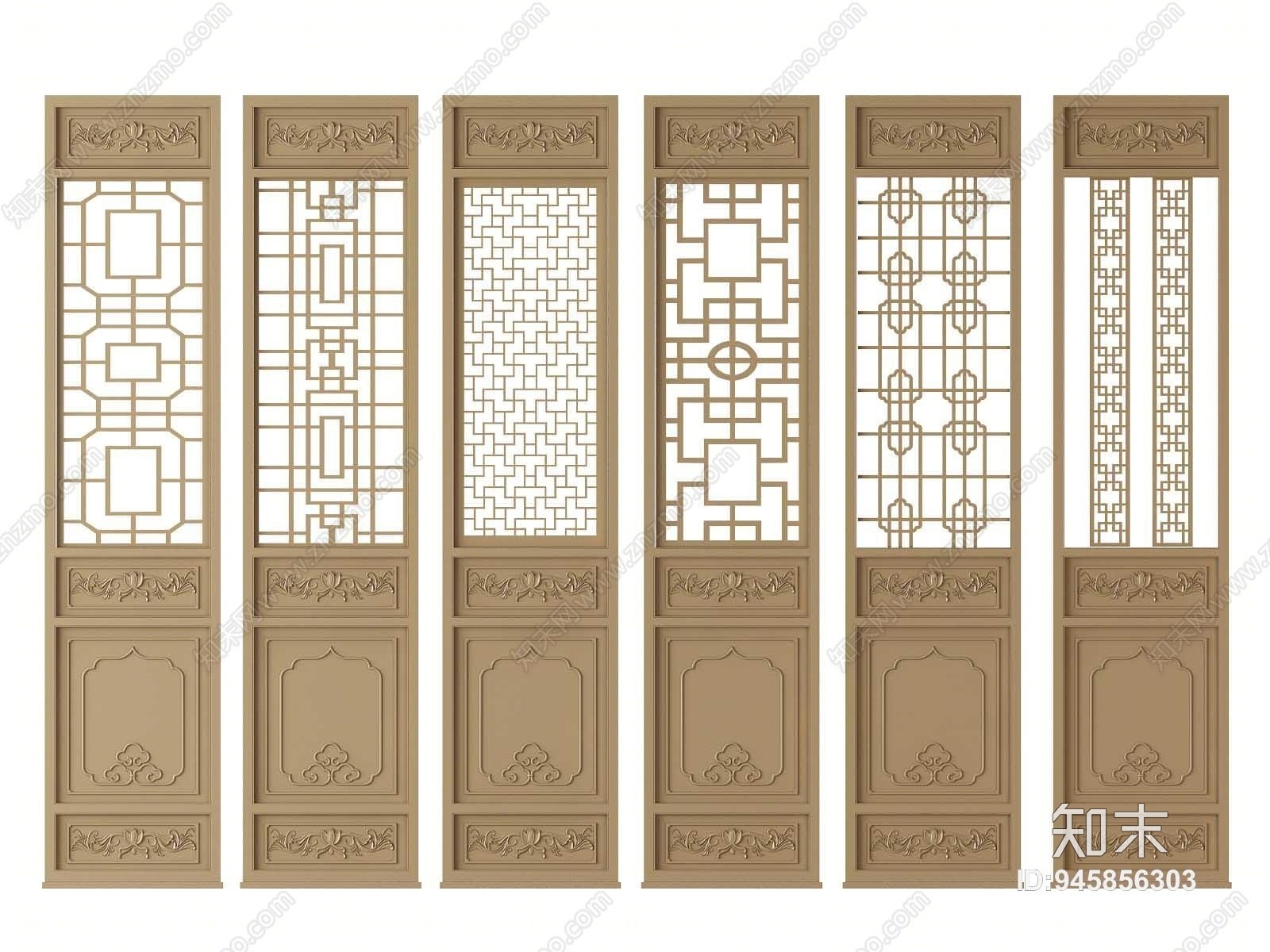 中式实木花格屏风隔断3D模型下载【ID:945856303】