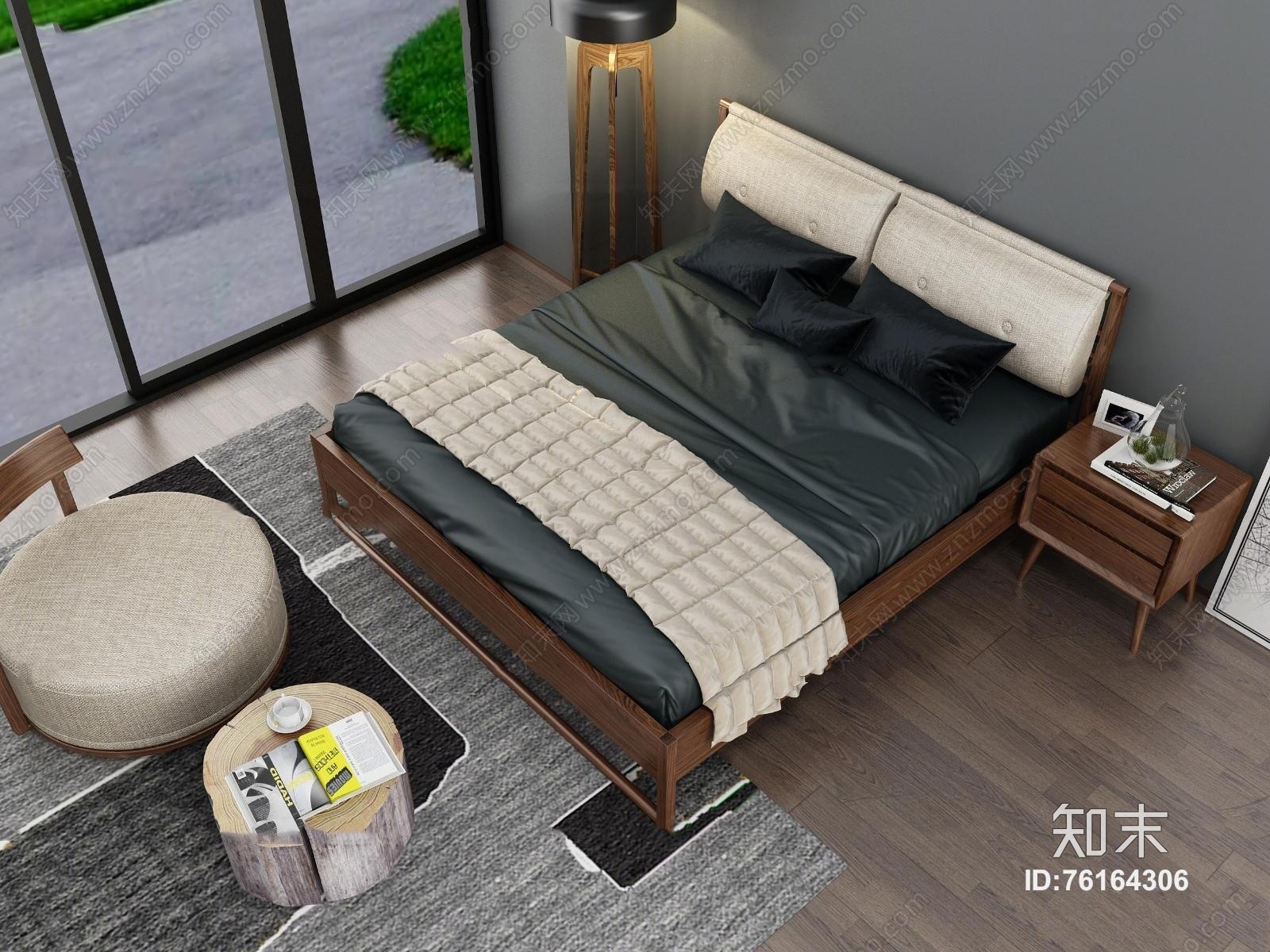 现代双人床床头柜落地灯组合3D模型下载【ID:76164306】